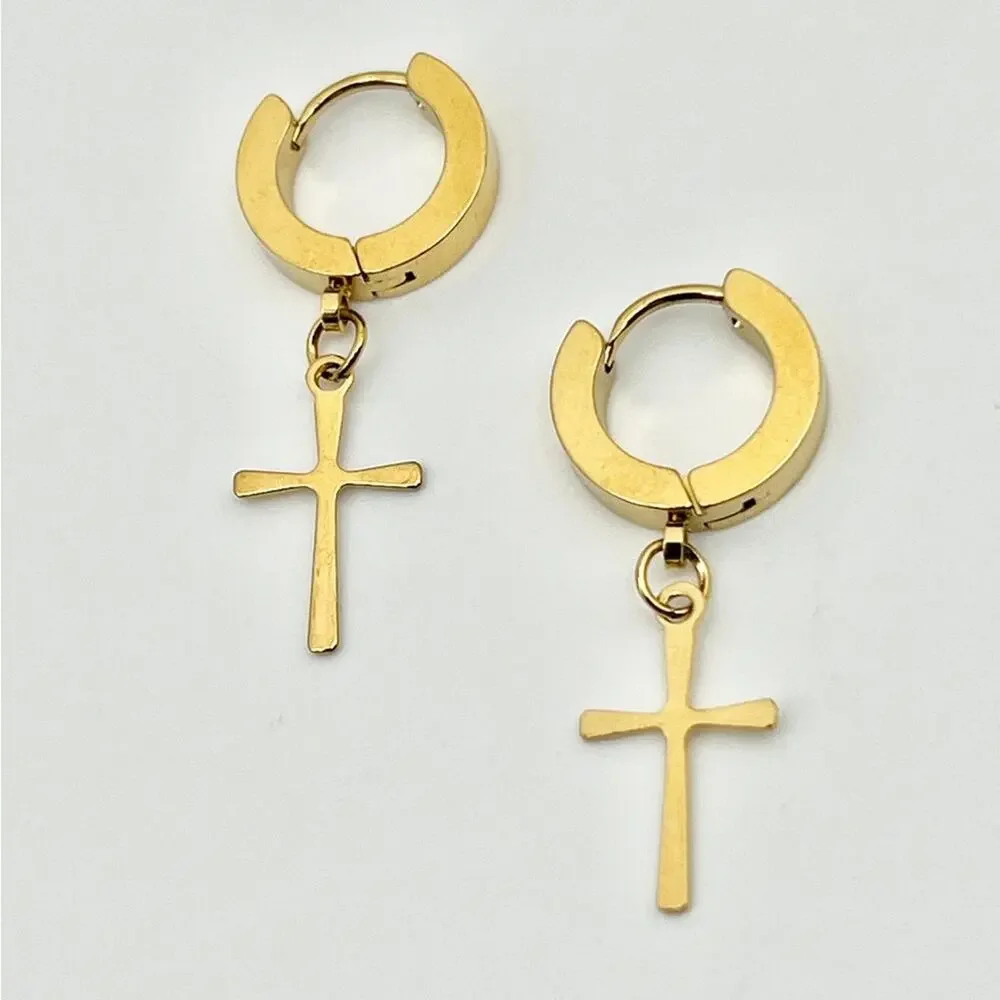 Gold Huggie Hoop Earrings with Cross Charm